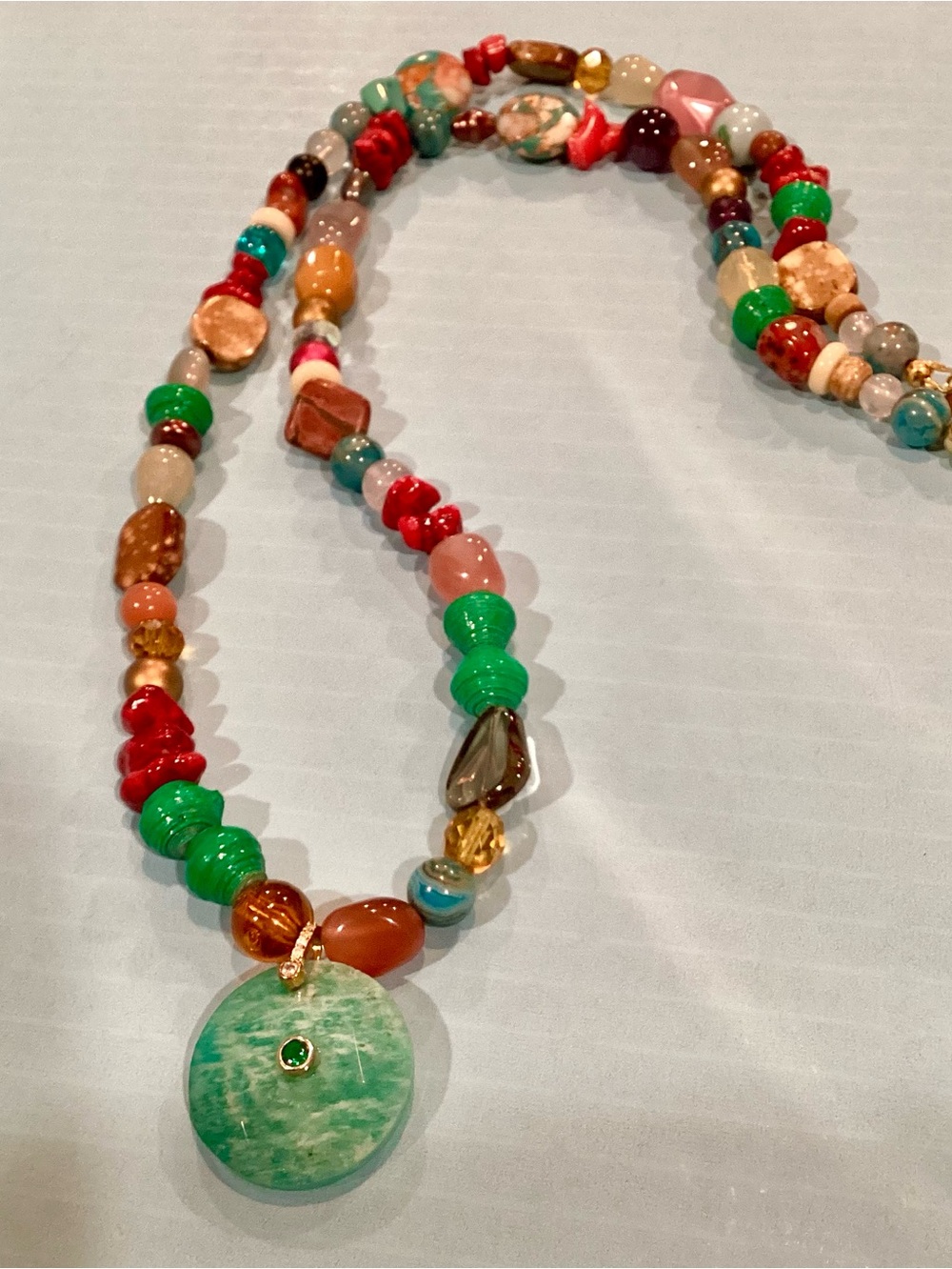 Handcrafted Designer Multicolor Beaded Necklace Green Jade like pendant.